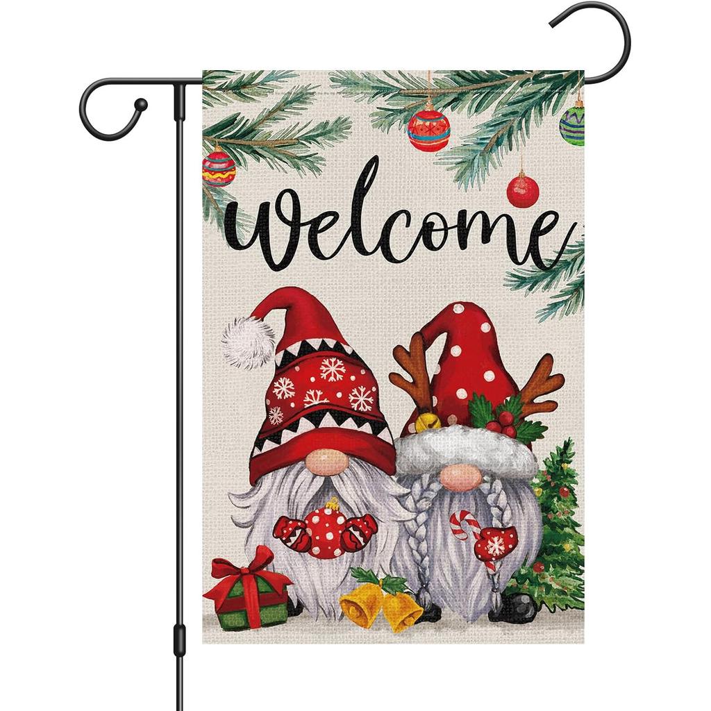 Gnome Garden Double Sided Vertical, Small Welcome Xmas Winter Holiday Outdoor Yard Decoration