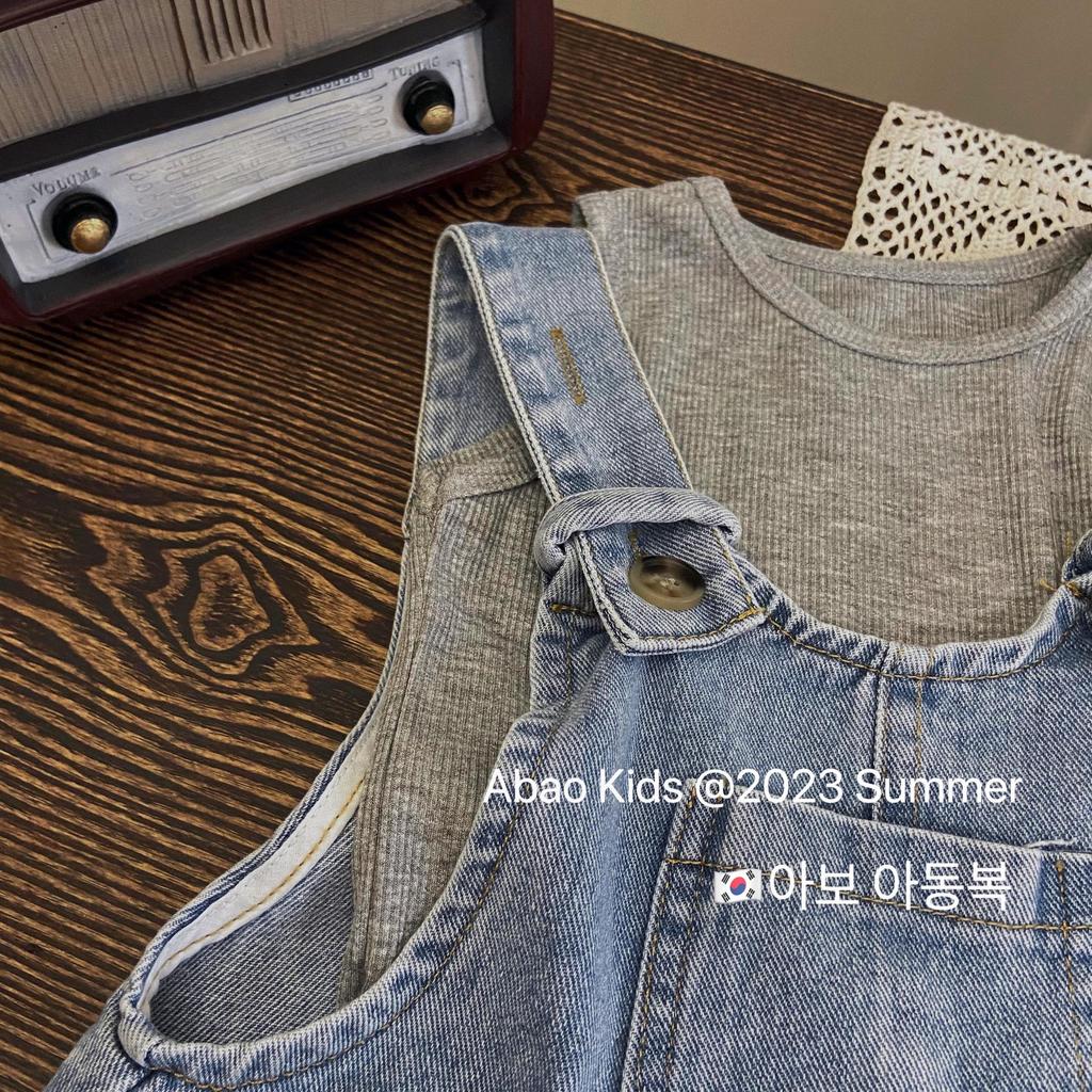 Girls' Denim Overalls Set with Ribbed Vest