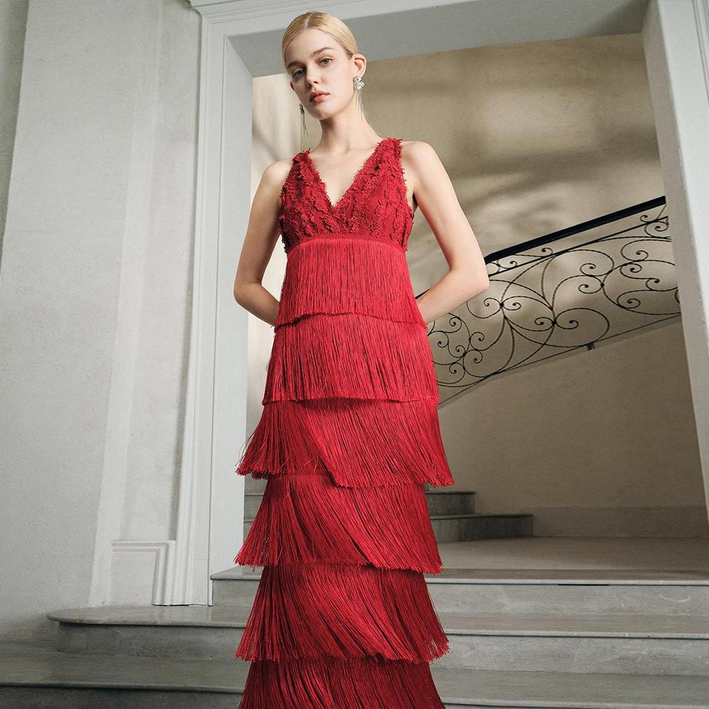 Red Lace Trimmed Tassel Layered Women's Bandage Evening Dress