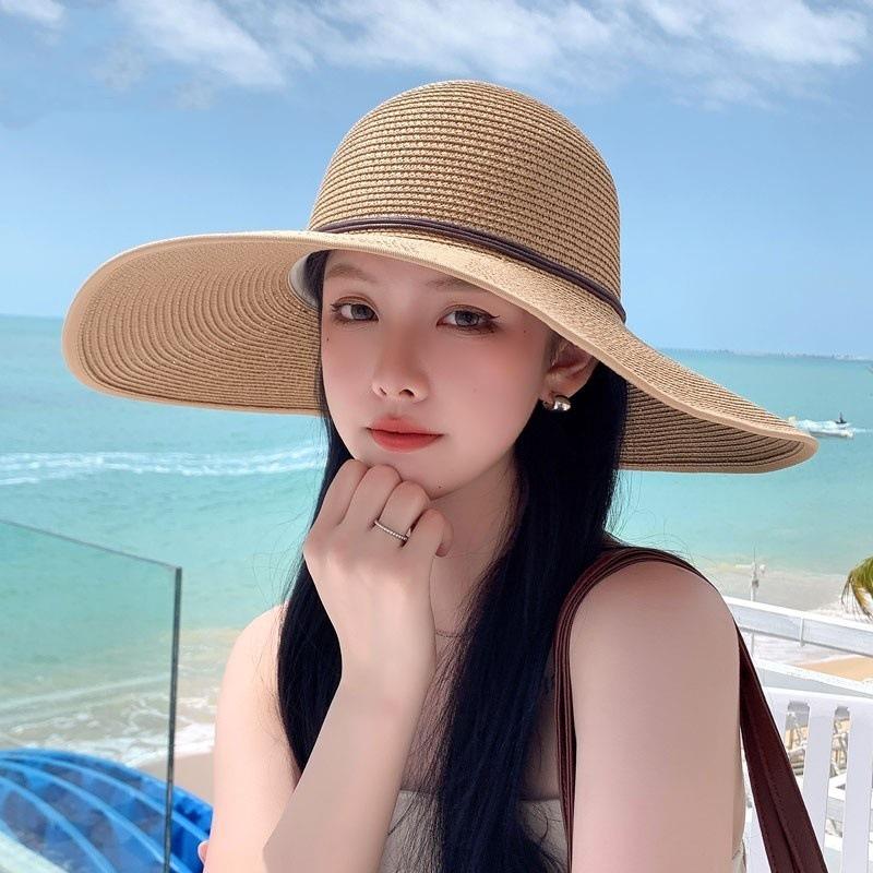 Flat Top Straw Hat Strapped Women's Summer Visor, Satin Versatile Straw Fashion Top Hat, Seaside Beach Hat