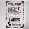 Rustic White Metal Toilet Rules Sign with Brown Patina, Whimsical Grammar-Humor Mountable Metal Tin Plaque for Home Bathroom Dec