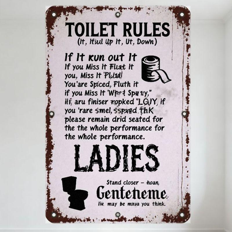 

Rustic White Metal Toilet Rules Sign with Brown Patina, Whimsical Grammar-Humor Mountable Metal Tin Plaque for Home Bathroom Dec 20x30cm（7.8x11.8inch）