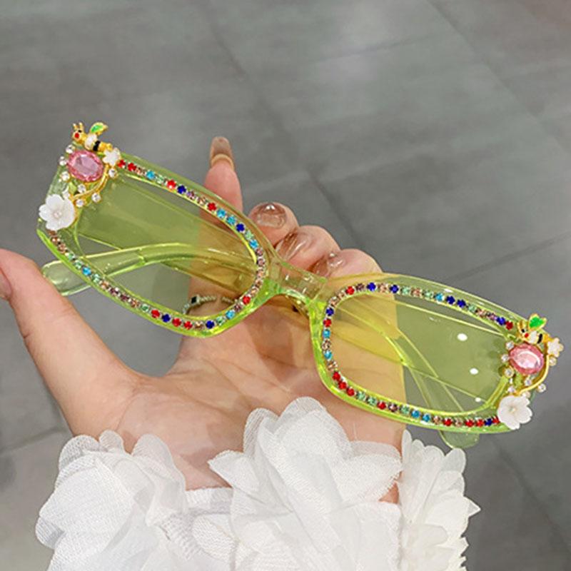 Vintage Designer Square Sunglasses Women Luxury Rhinestone Flower Bee Shades Punk Fashion Sun Glasses