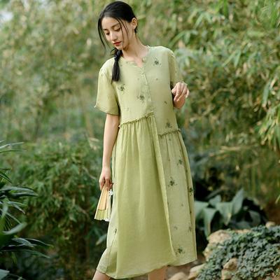 Abito Vintage da Donna Scollo a V Manica Corta Patchwork Ricamo Tessuti Floreali Estate Stile Cinese Abito A-Line