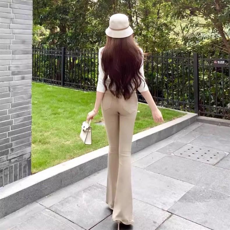 Women's Khaki High-Waisted Stretch Slimming Flared Jeans - Light Color Horseshoe Leg, Versatile Wide-Leg Pants