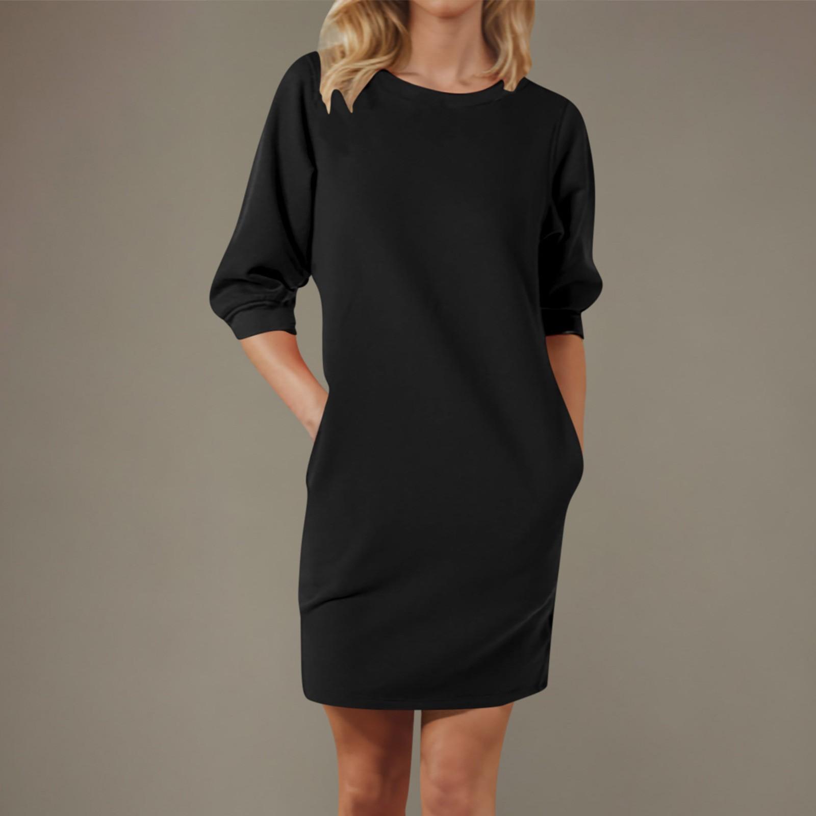 

Women s Casual Crew-neck Hoodie Mid-length Seven-point Sleeve Wrap Hip Dress XXL чёрный