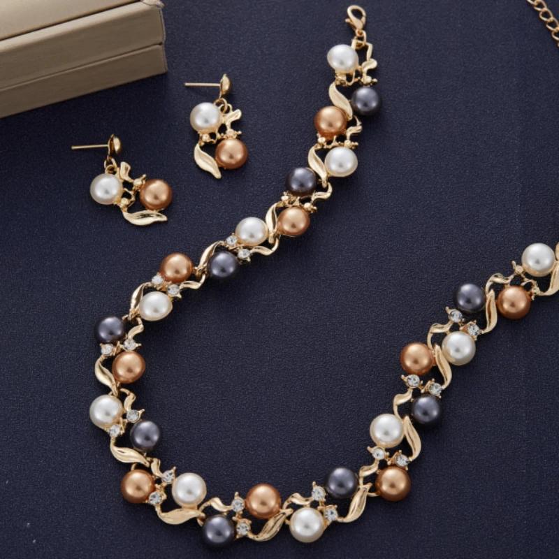 French Vintage Trend Faux Pearl Chain Necklace Earrings, Women's Personalized Classic Holiday Party Accessories Jewelry
