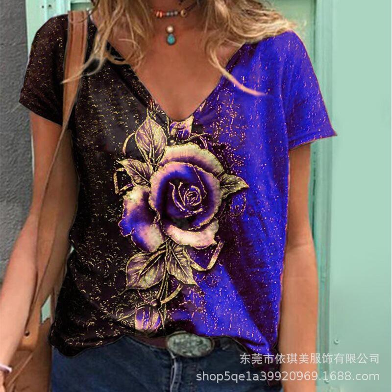 

Летняя футболка с V-образным вырезом, коротким рукавом и 3D розой для женщин 5XL