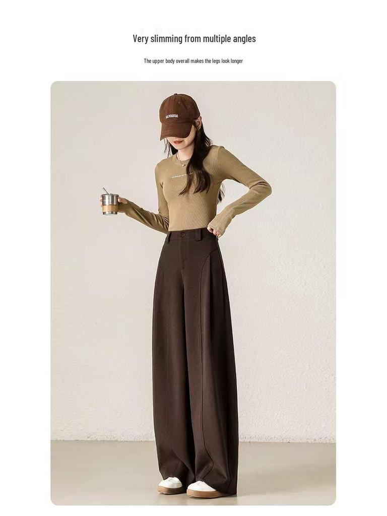 Women's Thick Woolen Bass Pants - Soft, Casual, Loose, Straight-Leg, Slimming, Wide-Leg for Autumn and Winter.