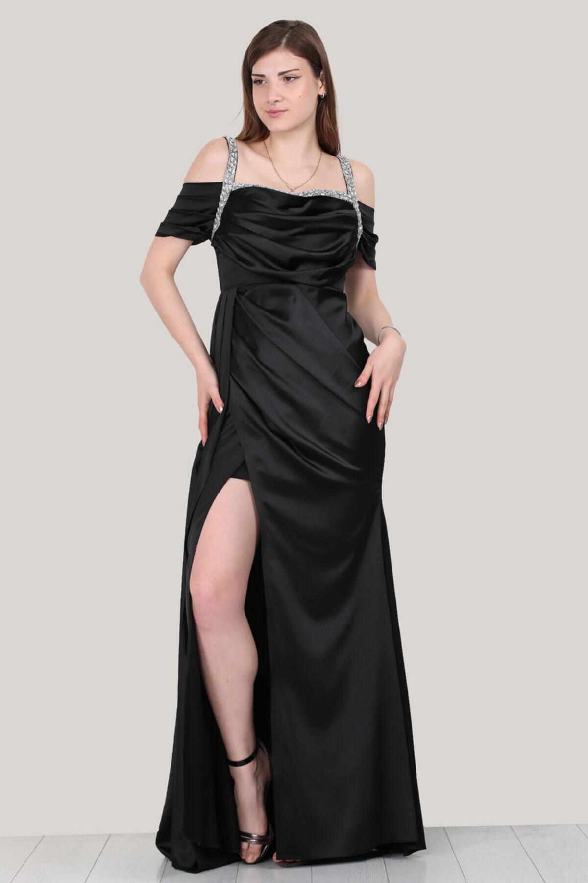 

Женское длинное атласное вечернее платье 36 чёрный