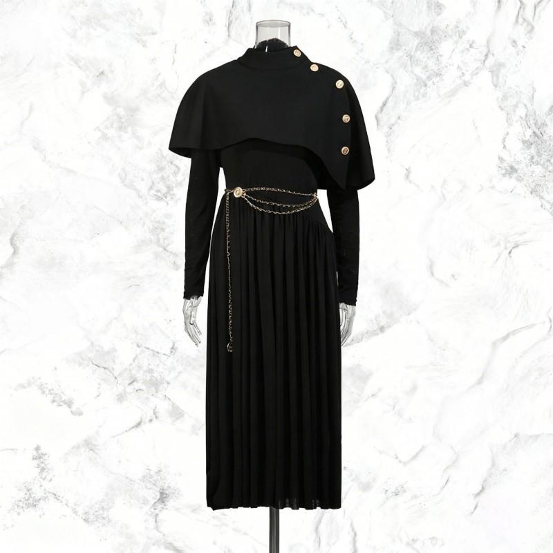 

Temperament British Style Suit Buttons Design Shawl + Long-sleeved Solid Color Waist Pleated Dress S чорний