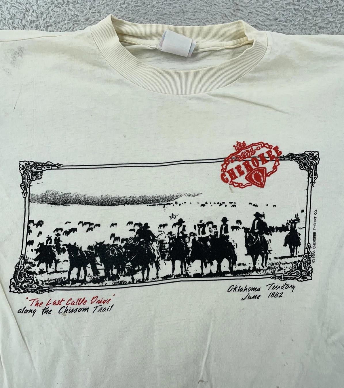 Trashed Vtg 80s Oklahoma Cattle Drive Cherokee T-Shirt Small Western Cowboy Art S