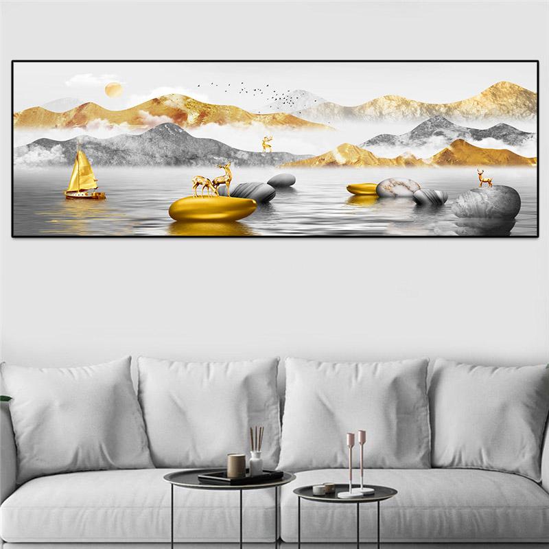 Landscape Golden Mountain Posters and Prints Canvas Painting Tree Boat Deer Cuadros Light Luxury Wall Art Living Room Home Decor