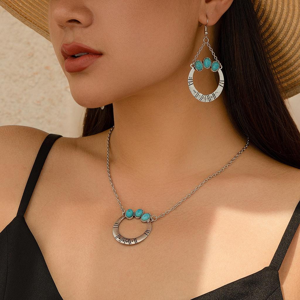 Retro Ethnic Turquoise Coconut Tree Necklace, Simple Threaded Love Necklace Jewelry Set