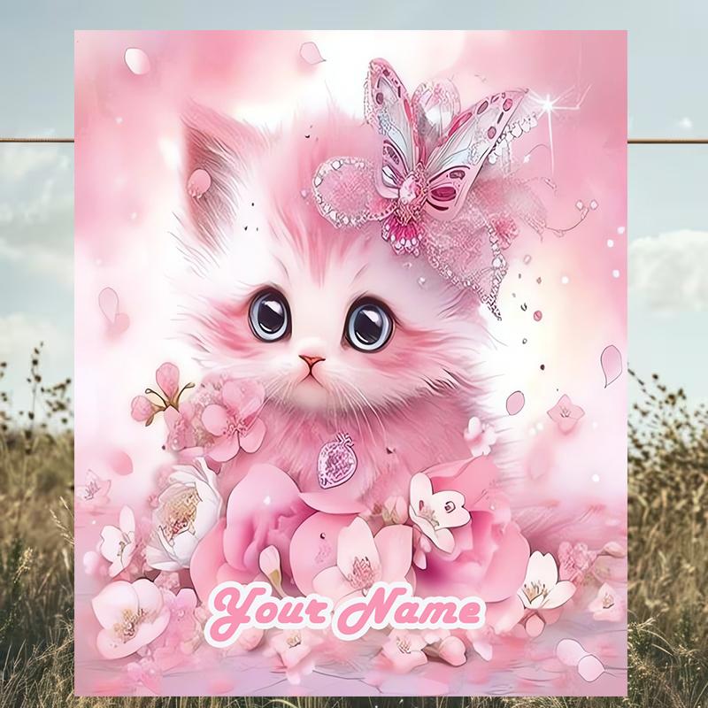 1PC Custom Name Pink Fantasy Kitten Outdooor Flannel Blankets Patterns Throw Blanket All-Season Soft Gift for Couch, Bed, Camping Gifts