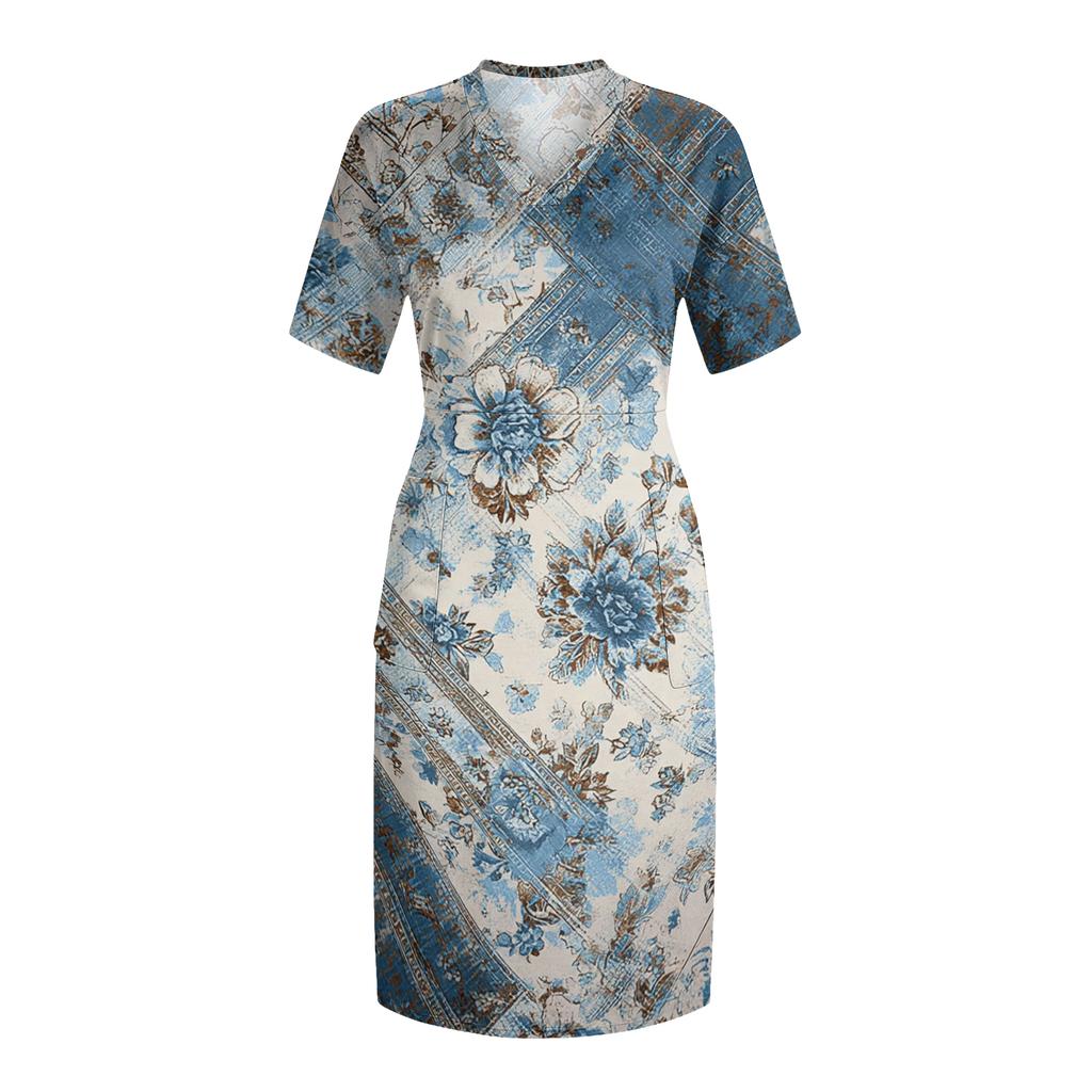 Letní nadměrné velikosti V výstřih krátký rukáv ke kolenům kapsa potisk ležérní šaty pro ženy