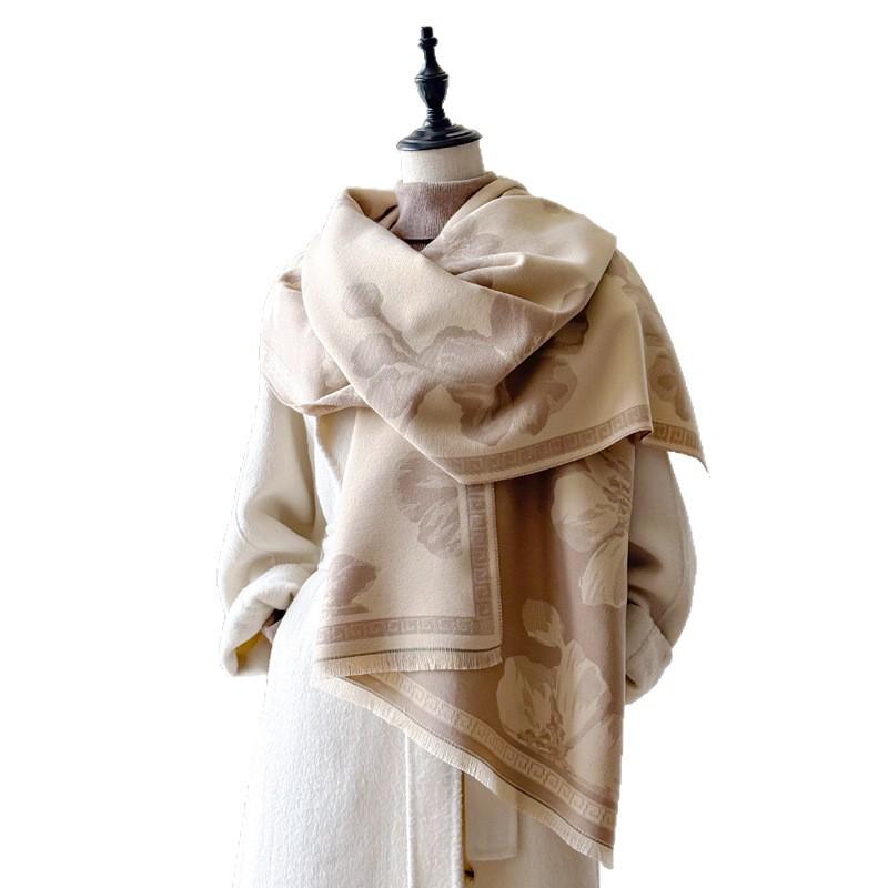 Autumn And Winter Trend Black And White Imitation Cashmere Flower Print Outer Shawl Women'S Personality Niche Shawl Scarf