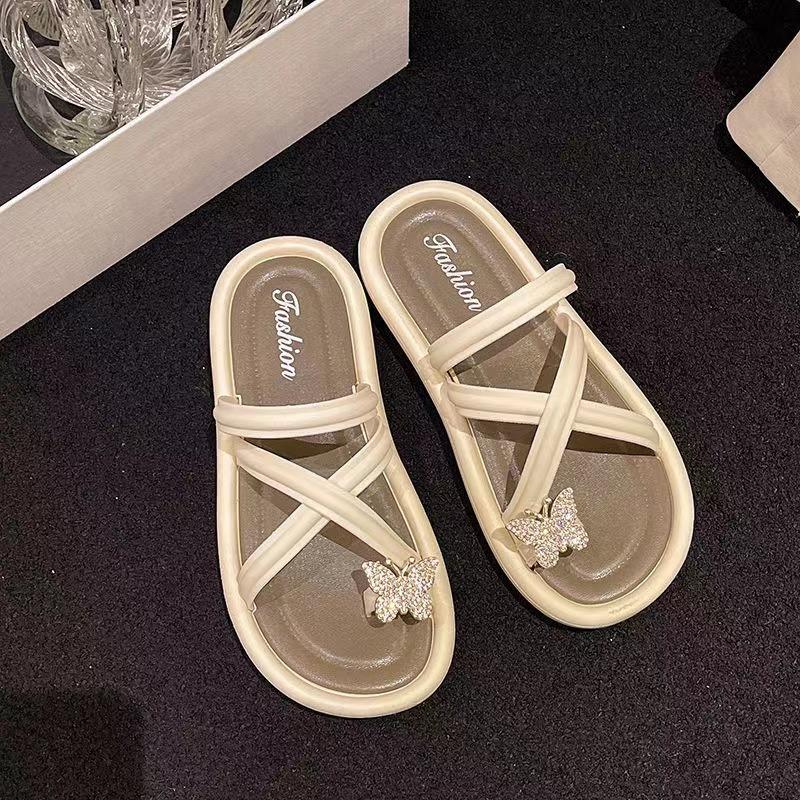 Cool slippers women's summer fashion wear butterfly diamond shining versatile princess style toe slippers