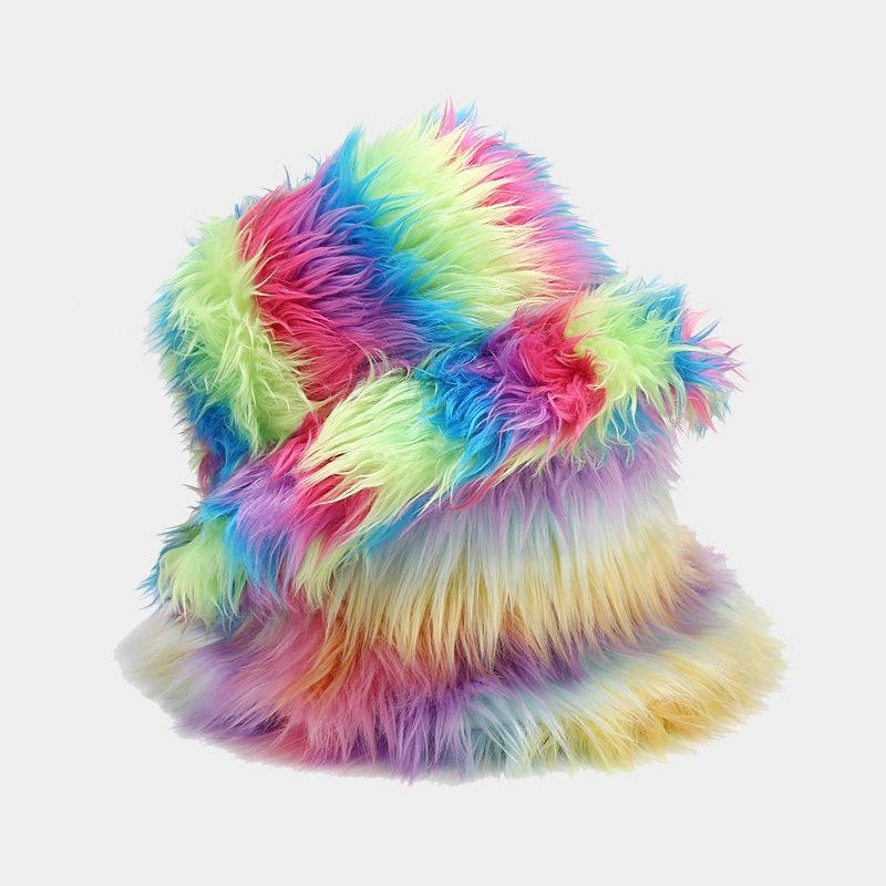 Autumn and Winter European and American Personality Trend Colorful Long Hair Bucket Hat Fur Rainbow Gradual Change Basin Hat Fan Hat