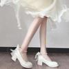 Pearl Bow Ribbon Single Shoes Women's Summer Thin with Skirt Thick Heel Mary Jane Small Leather Shoes