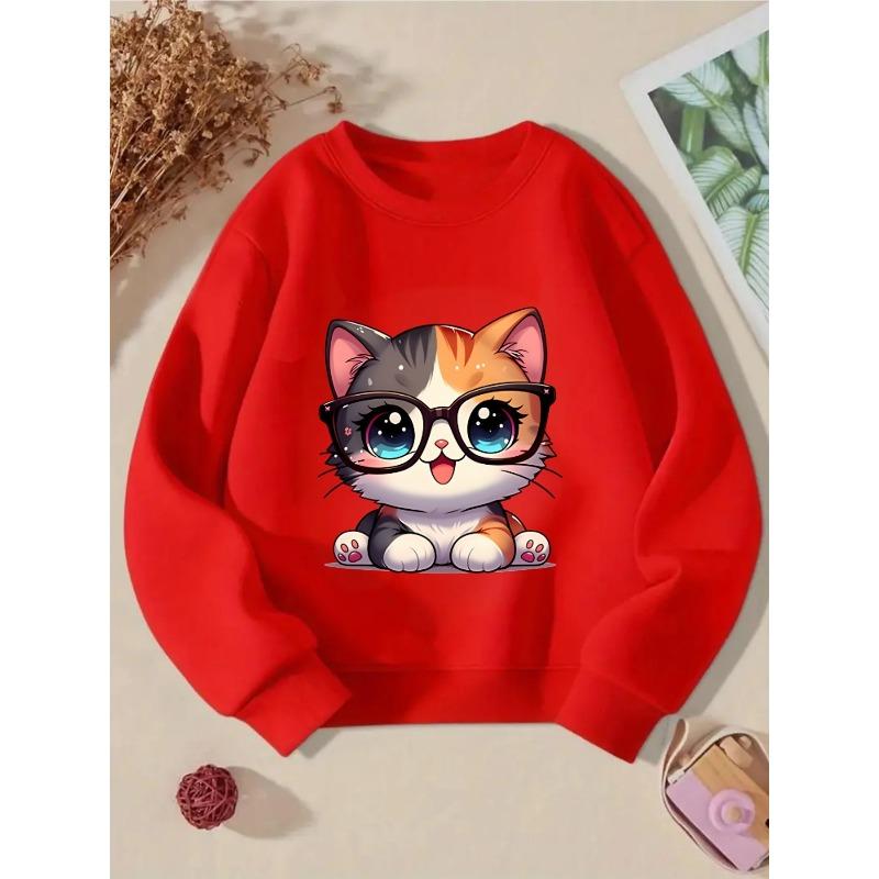Kids Crewneck Sweatshirt, Cute Big-Eyed Cat with Glasses Graphic Print,Spring Autumn Casual Sport Tops