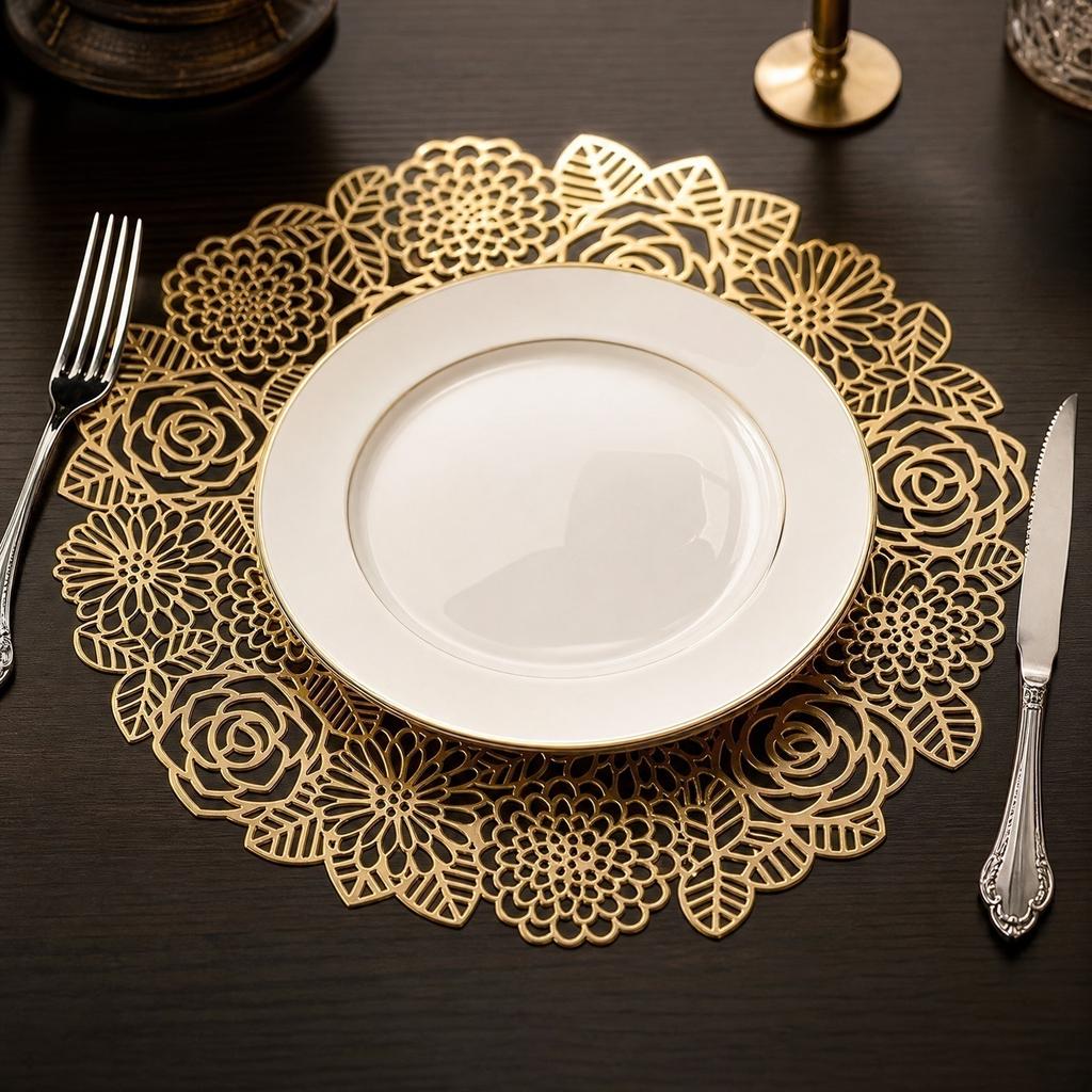 Round Heat Resistant Placemat 38cm Floral Laser Cut Design Durable Non-Slip Table Mat for Dining Kitchen Use