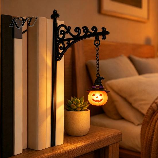 Halloween Themed Gift Iron Library Lamp, Vintage Bookshelf Light with Ghost Pumpkin Bat Reading Nook Accents Pendants, Nightlight, Spooky Desktop