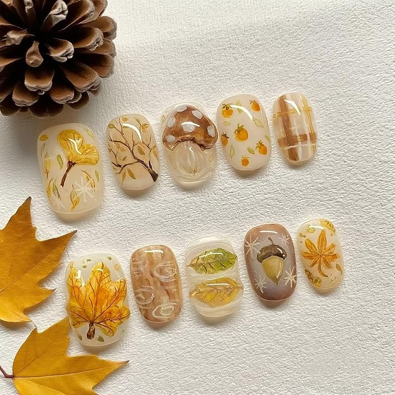 30Pcs Fall Orange Press On Nails Medium Almond Acrylic Fake Nails Polish Painting Autumn Thanksgiving Maple Leaf Pumpkin Glue On Nails Orange French
