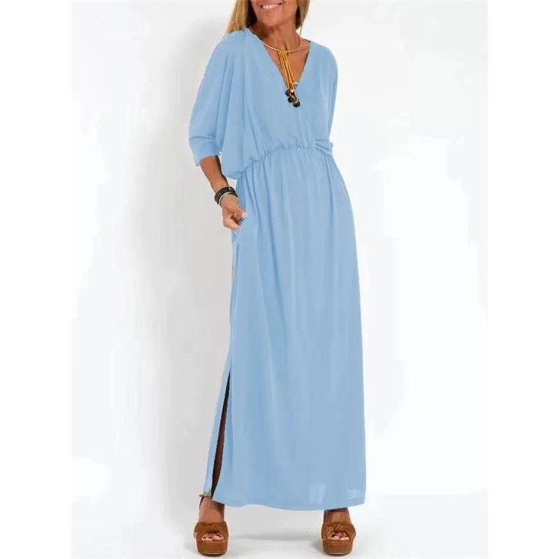 European And American Summer New Products Solid Color High-waist Split V-neck Dress Loose Casual Waist Belt Ice Silk Long Skirt