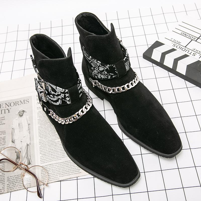 Large size casual matte leather boots high-top buckle slip-up men's boots fashion personalized chain square head leather shoes