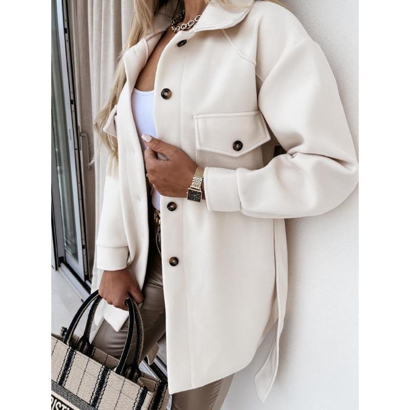 Autumn Winter Long Sleeved Cardigan Women Coats Plus Size Solid Color Casual Loose Simple Lapel Button Woolen Jackets Pockets Lace-up Women's Clothing