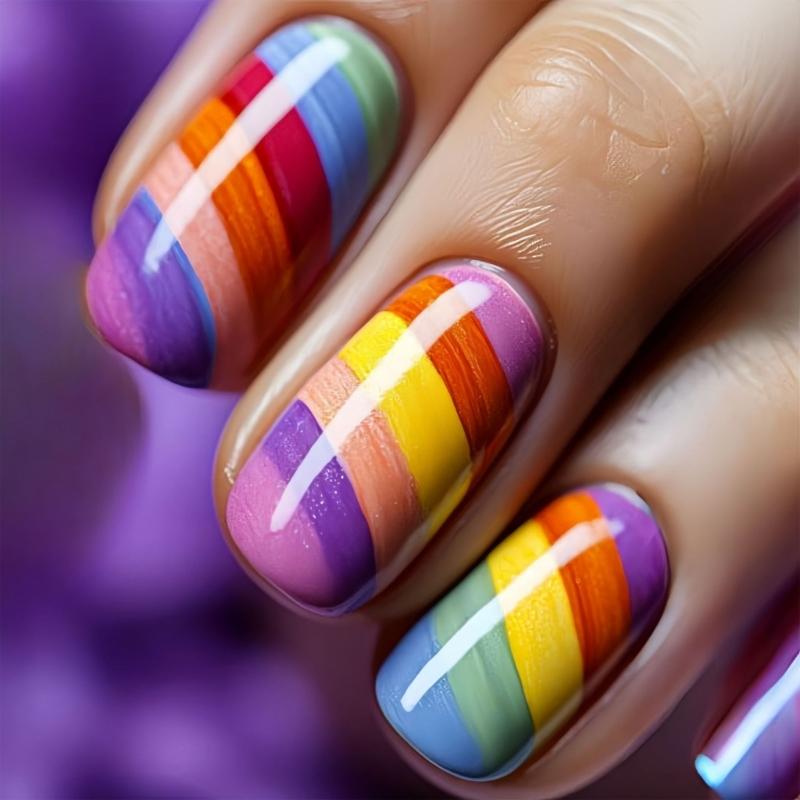 

24 Pcs Glossy Full Cover Stick on Nail Medium Square False Nail Colorful Stripes Press On Nail Rainbow Artificial Nail 1