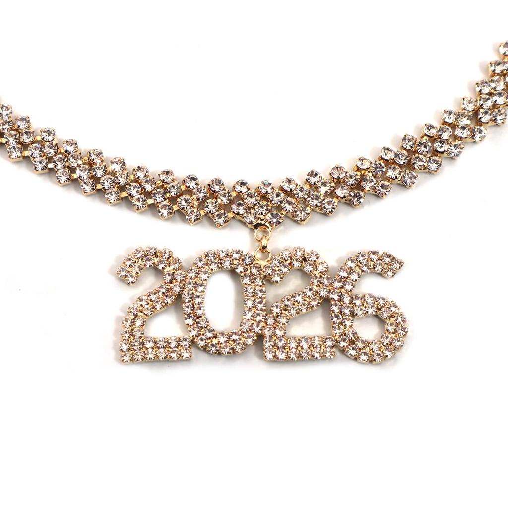 Rhinestone Number 2026 Pendant Cuban Necklace: Men's & Women's Hip Hop Clavicle Chain Jewelry
