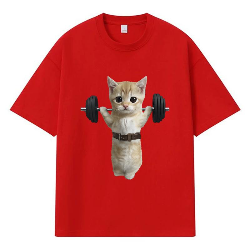 2026 Cat Lifting Dumbbell Printed Graphic Y2k Harajuku Streetwear 100% Cotton T Shirt Casual Oversized Summer Men T-shirt
