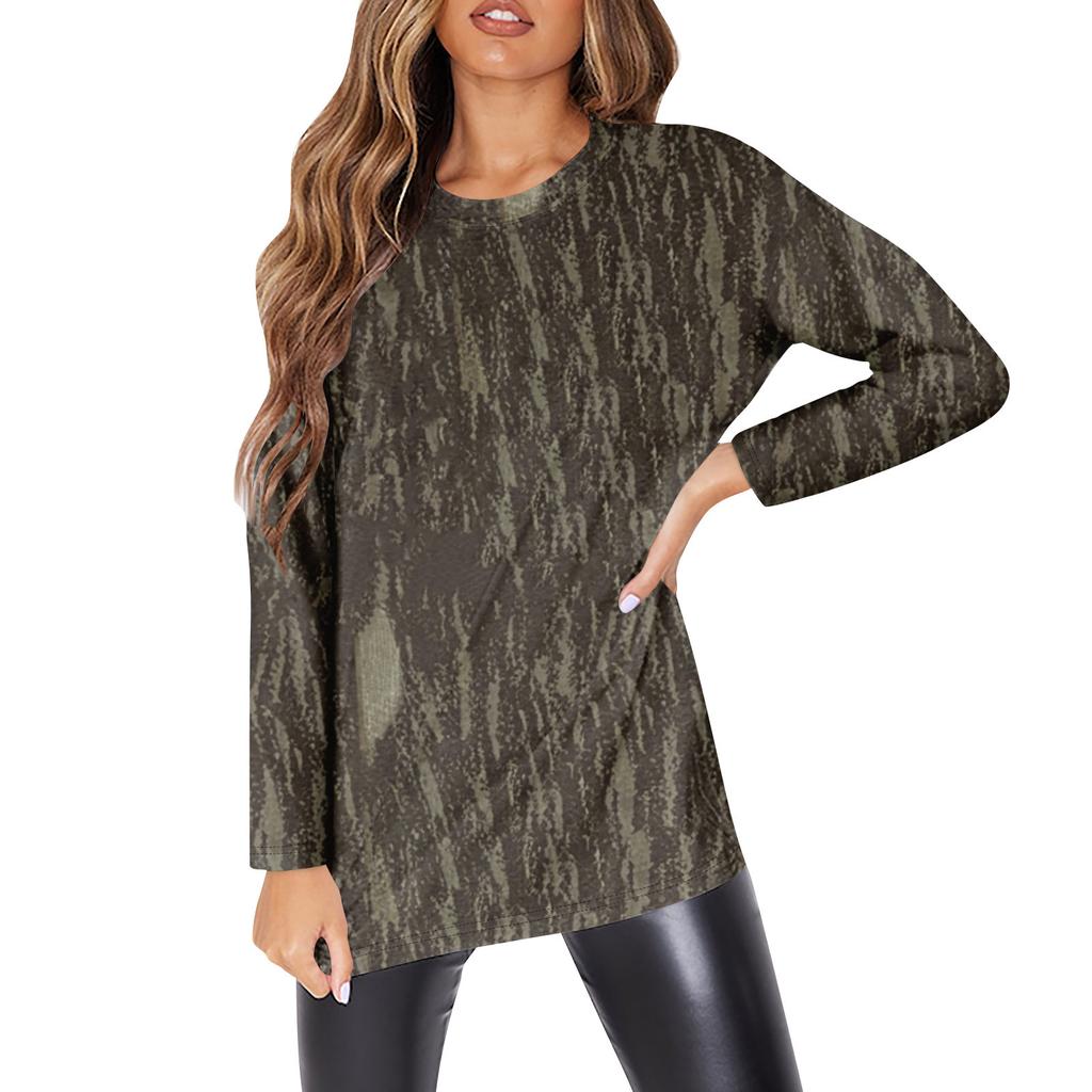 Damenmode O-Ausschnitt Langarm Arbeitskleidung mit Taschen Bedruckte Oberteile für Damen