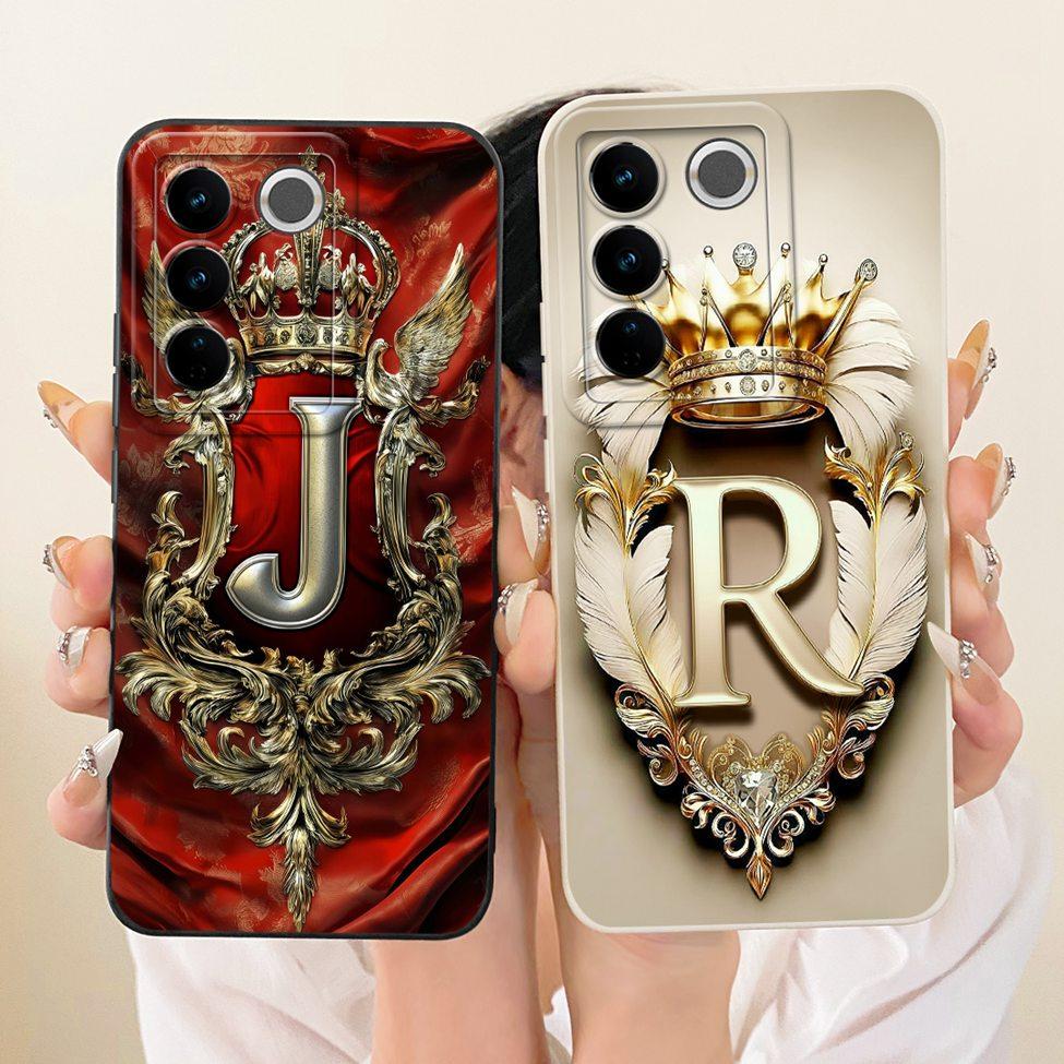 For VivoV27e V2237 Phone Case For Vivo V27e Cover Luxury A-Z Letters Cool Crown 2D Painted Silicone Casing