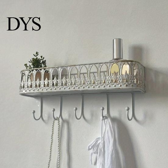 French Country Wall Shelf Mounted Floating Shelves, Metal with 5 Hooks, Key Holder Rustic Plant Stand Mail Organizer, Storage Rack for Entryway Living
