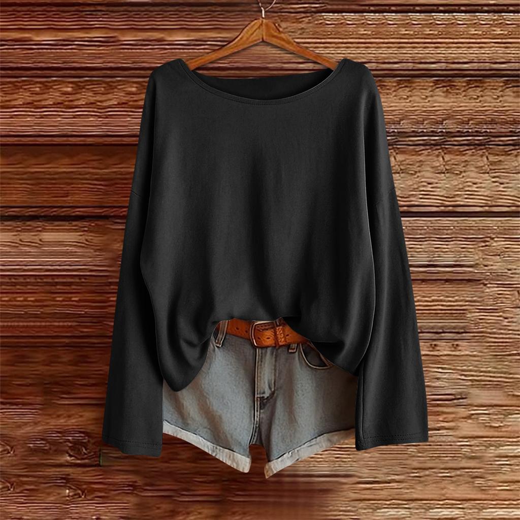 Langarmshirts für Damen Einfarbige T-Shirts Blusen Lässig Übergröße Basic Oberteile Pullover