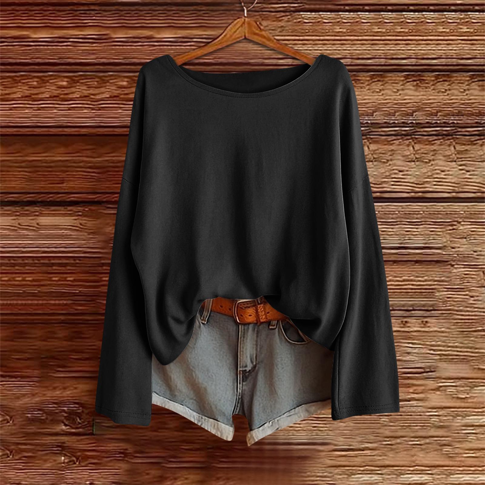 

Long Sleeve Shirts For Women Solid Color Tees Blouses Casual Plus Size Basic Tops Pullover XXL чёрный