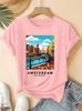 Amsterdam Landscape Printed Pattern Round Neck Tshirt Fresh Top Summer Elegant Party Fashion Versatile Commuter Womens Wear