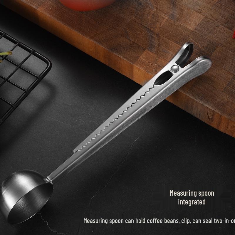 Stainless Steel Multi-Purpose Coffee Spoon with Clip - Measuring, Stirring, and Sealing.