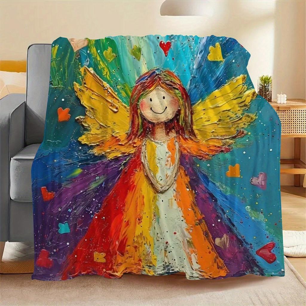 Anime Angel Pattern Throw Blanket - Soft Cozy Art Print Aesthetic Accent for Sofa Bed Air Conditioning Office Nap Gift
