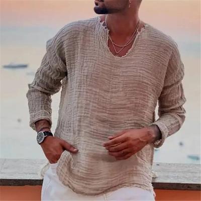 Men's Spring and Autumn Youth Linen Casual Loose V-neck Washed and Worn Long-sleeved Shirt with Raw Edges