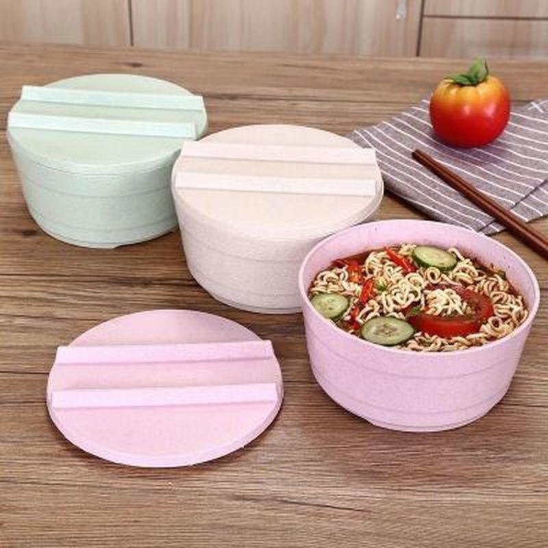 1PC Cute Noodles Bowl with Lid Wheat Straw Style Soup Bowl Microwavable Bowl