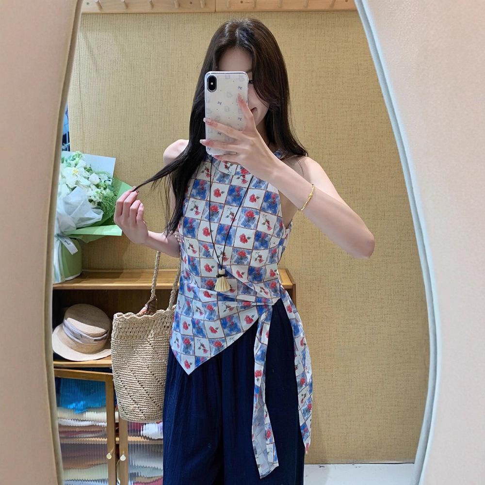 French Design Floral Plaid Neck Sling Vest Women's Summer Wear Unique and Beautiful Off-the-shoulder Back Top