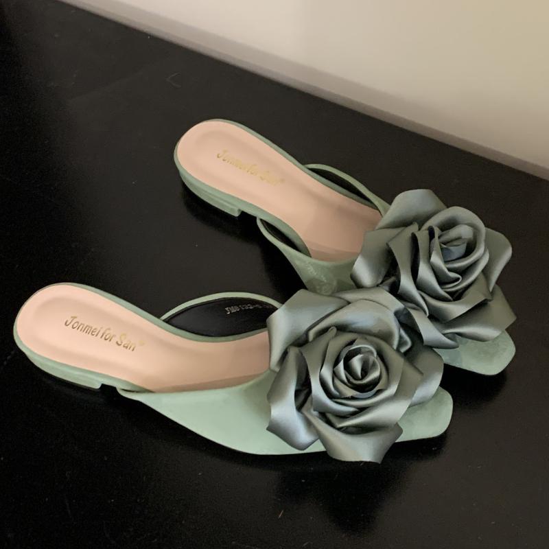 Satin Flower Square Toe Women Slippers 2025 Fashion Luxury Designer Backless Low Heel Sweet Women Mule Shoes Zapatos De Mujer