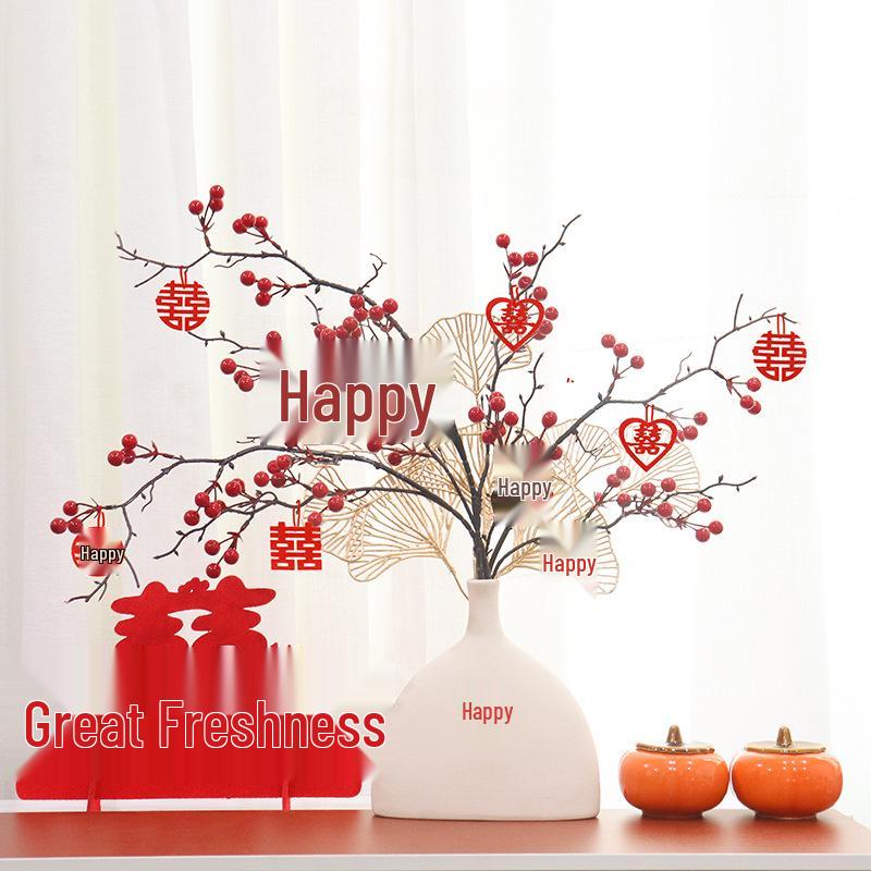 Red Berry Bonsai Scene Ornament for Wedding and Living Room Decor