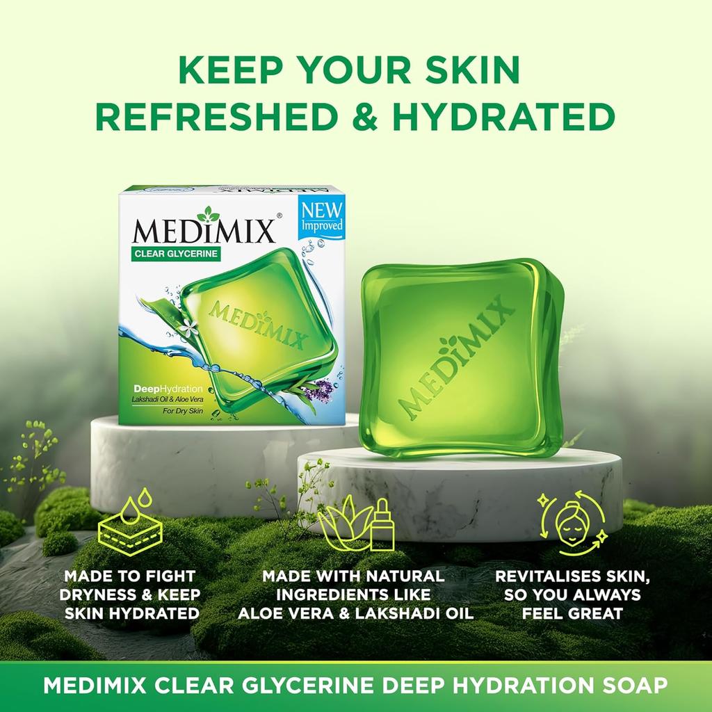 Medimix Clear Glycerine Bathing Bar Soap For Dry Skin 100gx 4 Soap With Lakshadi Oil & Aloe Vera For Hydrated Smooth Radiant Skin