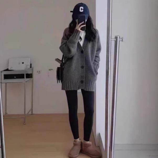 Women's V-Neck Pure Wool Mid-Length Cardigan Coat, Elegant Gray - Autumn/Winter Style