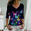 Colorful Glowing Butterfly Print Women Tshirts Ladies Tops Long Sleeve V-neck Pullover Femme T-shirts T Shirt For Women